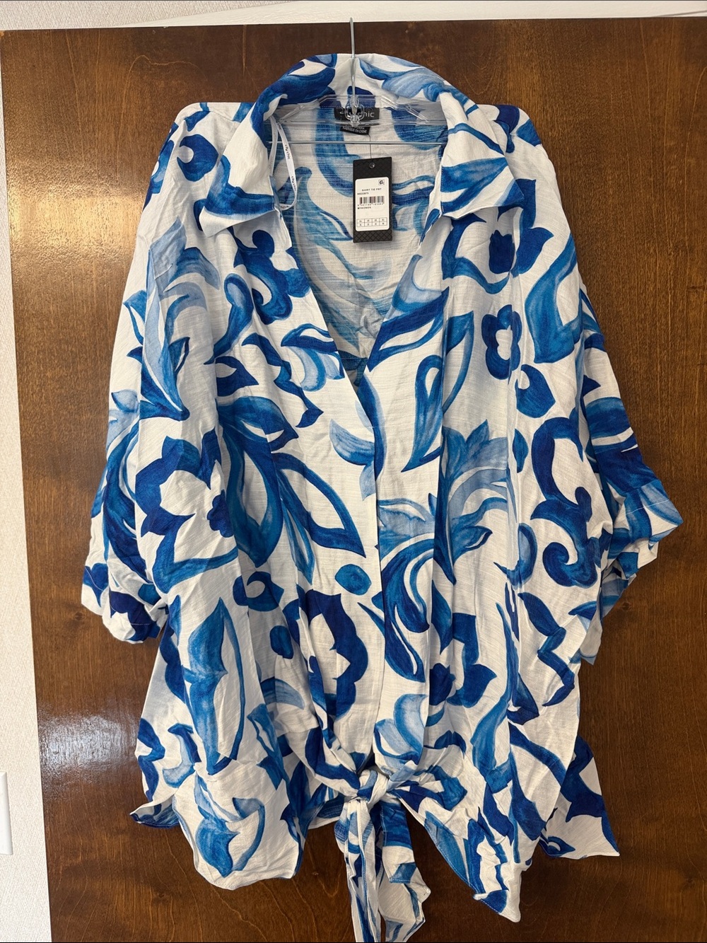 City Chic Blue & White Button-Front Tie-Hem Top